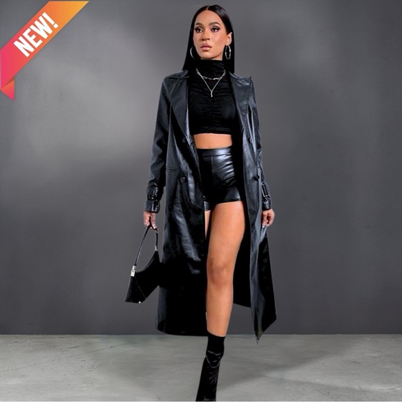 Slayr Jackets & Blazers - Long Black Faux Leather Trench Coat - Women's Coat